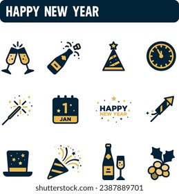 Iconos de Año Nuevo. Conjunto de vectores de Nochevieja. Diseño de iconos de color. Feliz año nuevo