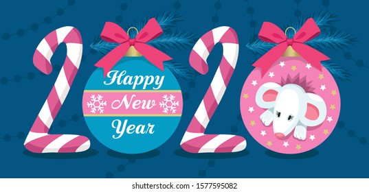 New year illusrtation. Christmas balls  and mouse vector. Merry Christmas card