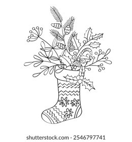 New Year illustration with Christmas stocking and decor. Coloring page. Can be used to create cards, invitations, backgrounds, patterns, covers.