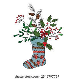 New Year illustration with Christmas stocking and decor. Can be used to create cards, invitations, backgrounds, patterns, covers.