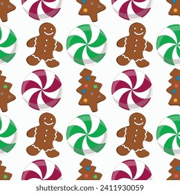 New Year illustration with Christmas sweets, gingerbread man, candy canes, gingerbread trees