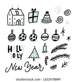 NEW YEAR ILLUSTRATION ELEMENTS. GREETING HAND LETTERING VECTOR TYPOGRAPHY. T-shirt print, badge, postcard, banner design 