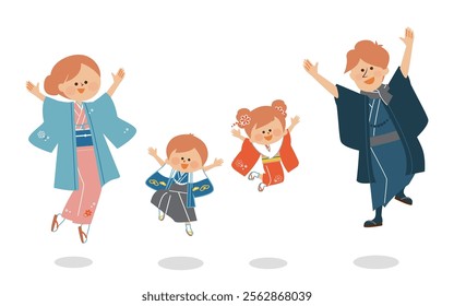 New Year Illustration of a family jumping in Japanese kimonos