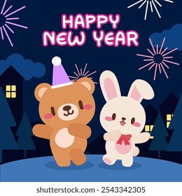 A New Year illustration featuring a cute bear and bunny celebrating together under a sky filled with fireworks.