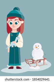 New year illustration of a girl on a sled
