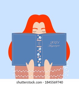 New year illustration with girl reading a book. Girl wrapped in a luminous garland. 2021 year concept. Happy new year. Cute postcard for printing, web, congratulations. winter seasonal illustration