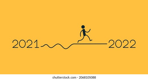 New Year illustration of a man walking in a line. The path is from 2021 to 2022. Vector image on a yellow background.