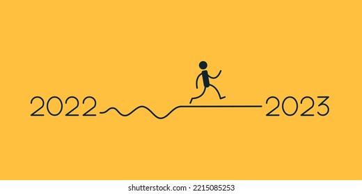 Neujahr Illustration eines Mannes, der in einer Linie läuft. Der Weg ist von 2022 bis 2023. Vektorbild auf gelbem Hintergrund.