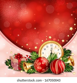 New year illustration with midnight clock and Christmas decoration