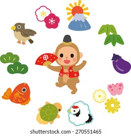 New year illustration with a monkey and happy item of Japan