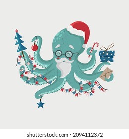 New year illustration of octopus with beard and santa claus hat. Blue octopus in vector with gifts Christmas tree, candies, garland, letter. New year illustration of octopus with beard and santa claus