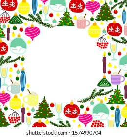 New Year illustration with place for text. Set of colored Christmas balls, trees, stars, branches, candles, berries, champagne, prosecco, eggnog, snowflakes in frame isolated on a white background