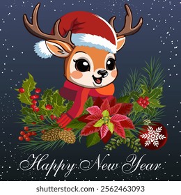 New Year illustration with a reindeer.Vector illustration with a reindeer in a Santa hat and New Year's decor on a colored background with text.