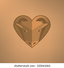 New Year illustration of romantic wooden goat head with horns like heart