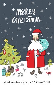 New Year illustration - Santa with a gift near Christmas tree with hand drawn lettering. Cute and fun vector illustration.