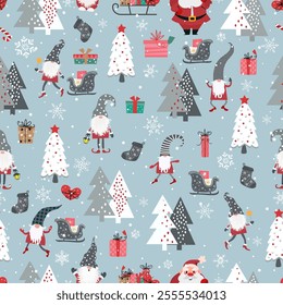 New Year illustration in Scandinavian style, gnomes, Santa Claus, Christmas trees, seamless pattern