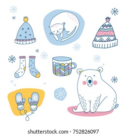 NEW YEAR ILLUSTRATION SET WITH BEAR, CAT, HAT, GLOVES, CUP, SOCKS FOR NEW YEAR WINTER POSTCARD