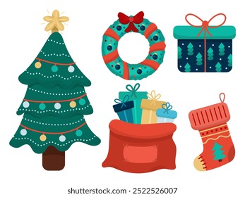 New Year illustration set of symbols. Christmas decorated tree, wreath, gift bag in simple flat style