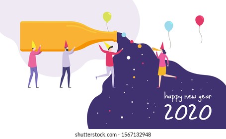New year illustration showing tiny people carrying champagne bottle with squirt. can use for landing page, web, mobile apps, ui, banner, print and social media.
