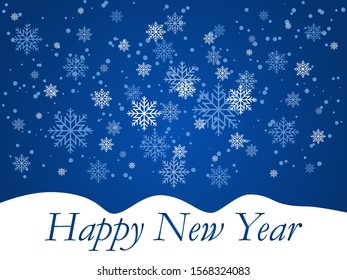 New year illustration with snowflakes. Christmas snowfall, festive mood, snow and swirling snowflakes on a blue background.