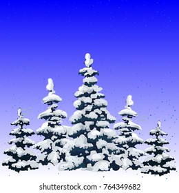 New year illustration, winter forest of pine covered with snow, cartoon on white background, vector