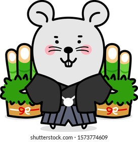 New year illustration.A mouse character wearing a Japanese-style “kimono”.
