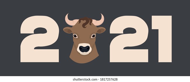 New year image symbol of the year 2021 bull. Congratulations to the new year. Image for Souvenirs, calendars, and postcards. Cute ox and the numbers.