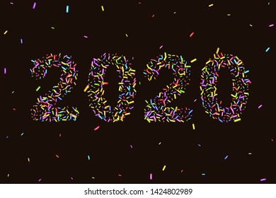 New Year, inscription 2020. Sprinkle with grains of desserts. Abstract pattern with squirting grainy on dark chocolate background. Xmas cookies decoration. Greeting card, banner design. Vector 