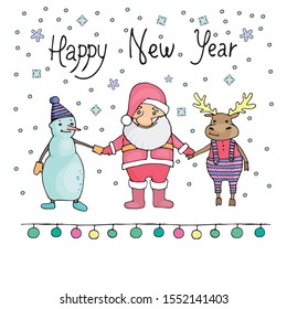 new year, inscription, text, lettering, santa claus, white background, vector, holiday, happiness, mood, white, golden, light pink, light yellow, happy new year, celebration, snowflakes, blue