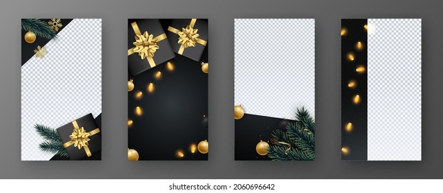 New Year Instagram stories template. Vertical festive banner. Christmas gold and black decoration. Vector design for social media.