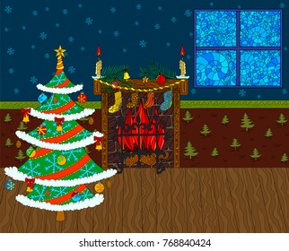 New Year interior with Christmas tree, fireplace and frozen window. Hand drawn greeting card vector illustration. 