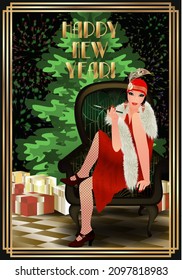 New year invitation card with flapper girl and xmas tree, vector illustration