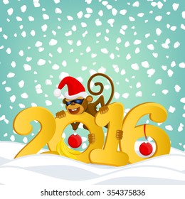 New year invitation card with funny monkey in santa claus hat