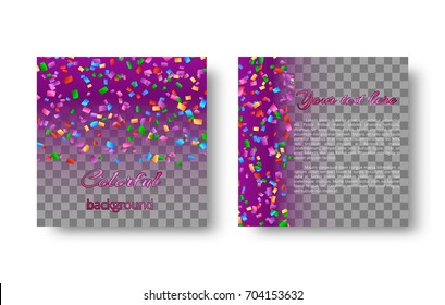 New Year invitation card with shiny bright particles of confetti falling on the lilac backdrop.
