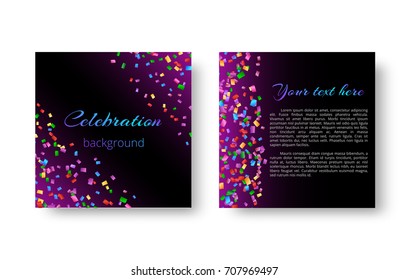 New Year invitation card with shiny bright particles of confetti falling on the lilac backdrop