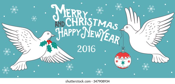 New Year Invitation Card With White Doves, Christmas Ball, Snowflakes And Christmas Holly Branch. Vector Illustration. New Year Invitation Card Design. New Year Invitation Card Template. Card Sample.