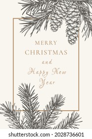 Invitación de año nuevo con ramas de abeto y pino y conos.  Ilustración botánica con marco rectangular. plantilla de Navidad. Fondo negro y saludo dorado. Esbozo. 