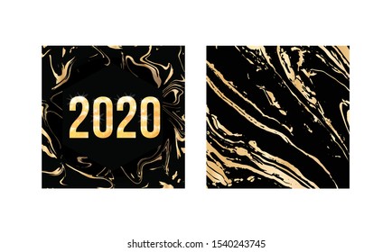 New Year invitation with golden 2020 numbers. Vector illustration. Elegant winter holiday invitations with black and golden frame. Happy new year banner with 2020 numbers.