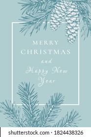 New year invitation with rectangular frame. Botanical illustration with spruce. Winter template. Light blue background and white pattern.