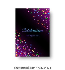 New Year invitation template with soaring colored confetti on purple background