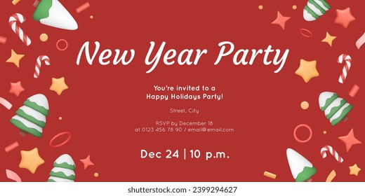 New Year invitation template with vector 3D confetti of snowy trees, candy cane, ribbon and stars. Festive geometric shapes render. Christmas banner with text and colorful baubles on red background.