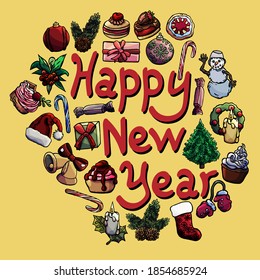 New year items, yellow square, cartoon style, snowman, present box, ball toy, fir tree, branch, fir cone, dessert, cupcake, mittens, new year cap, candle, candy, bells, bow, caramel cane, mistletoe