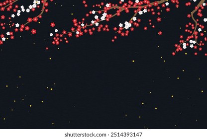 New Year Japanese style background with plum blossoms and gold leaf at night, copy space at the bottom, Vector Illustration