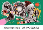 New year karaoke party stickers set. Dotted zine Collage Christmas elements, halftone hands with mikes, xmas tree ball, magazine cut lettering and ancient statue in Santa hat. Vector illustration