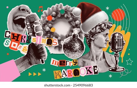 Conjunto de pegatinas de fiesta de karaoke de año Nuevo. Elementos de Navidades de collage, manos semitonos con micrófonos, bola de árbol de Navidad, letras de corte de revista y estatua antigua en sombrero de Santa. Ilustración vectorial