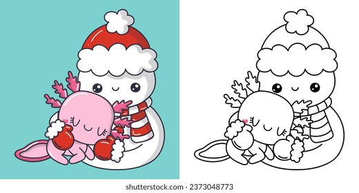 New Year Kawaii Axolotl for Coloring Page and Illustration. Adorable Clip Art Christmas Salamander. Happy Vector Illustration of a Kawaii Marine Animal for Christmas Stickers. 