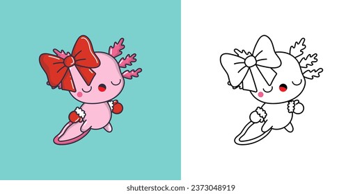 New Year Kawaii Axolotl for Coloring Page and Illustration. Adorable Clip Art Christmas Salamander. Happy Vector Illustration of a Kawaii Marine Animal for Christmas Stickers. 