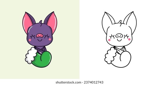 New Year Kawaii Bat for Coloring Page and Illustration. Adorable Clip Art Christmas Animal. Happy Vector Illustration of a Kawaii Animal for Christmas Stickers. 