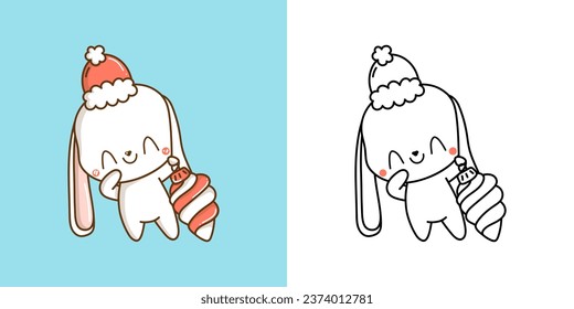 New Year Kawaii Bunny for Coloring Page and Illustration. Adorable Clip Art Christmas Rabbit. Happy Vector Illustration of a Kawaii Rabbit for Christmas Stickers. 