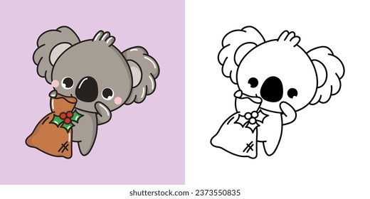 Neujahr Kawaii Koala Bär für Farbseiten und Illustration. Adorable Clip Art Weihnachtsmann. Fröhliche Vektorgrafik eines Kawaii Koala für Weihnachtsaufkleber. 